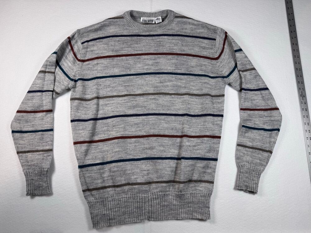 Gary Reed Men’s XL Gray Striped Crewneck Sweater Retro Acrylic Knit Pullover